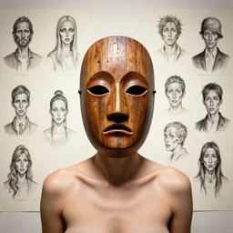 woman wearing a wooden mask, bare skin, terror, character design, character sheet, Moebius, Greg Rutkowski, Zabrocki, Karlkka, Jayison Devadas, Phuoc Quan, trending on Artstation, 8K, ultra wide angle, zenith view, pincushion lens effect