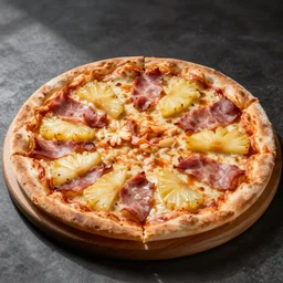 one round tasty pizza with pineapple and ham, ultra realistic, artstation