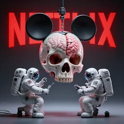 graphic art of dystopian futuristic mechanic surgeons astronauts, operate on a cracked skull mickeymouse!!!! head!! float brain!!!, held by a crane. ominous glowing red netflix!!! logo in the background, trending on art station, beeple!!!!, clean concept art, smooth, octane render, minimal