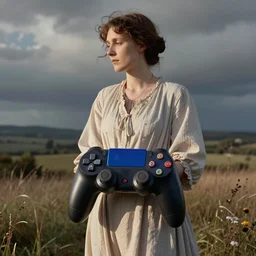 Virginia Woolf dressed in PS4 merchandise designed by APC, colored photo, restored photo
