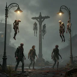 3 d game cg, dead bodies are hanging on street lamps and gallows, dark and twisted humanoid wandering around. artstation trending, greg rutkowski, james gurney, johannes voss, unreal engine, hyperdetailed, 4 k