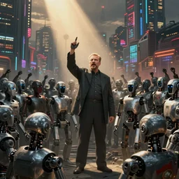 robot revolutionary speaking to a crowd of ((((robots)))) amid the backdrop of a cyberpunk city in the socialist realist style of lenin speaking to the red army by isaac brodsky