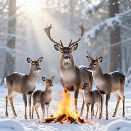 family of deer on fire in a frozen forest, sparkles and sun rays, hyperrealistic, photo realistic, realistic, beautiful white lighting, in the middle of the day, hyperdetailed, very detailed