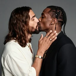 studio photo of jesus kissing travis scott, studio portrait