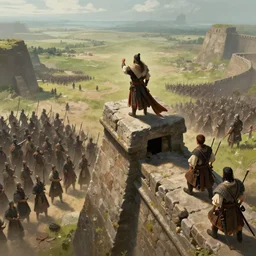 a chieftain on top of a rampart haranguing an army, top angle scenic view, cinematic concept art by craig mullins and ruan jia and raphael lacoste, trending on artstation
