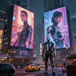 Alexander Jansson Style, cyberpunk city with huge lit billboards with androids, CGI, Many Details, Ultra Detailed, Octane Render, Real Engine 5 Cinematic, Realistic, Intricate Detail, Finely Detailed, Small Details, Extra Detail More details, tiny details, high resolution, 3D, PBR, path tracing, volumetric lighting, octane render, Arnold Render, 8k