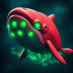 realistic red whale with 6 green glowing eyes and green flames in the space
