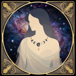 a portrait of a galaxy as an androgynous fairy spirit wearing a necklace of moons and stars, draped in transparent cloth, flat colors, occult, minimal, swirly, bust by alphonse mucha, decorative art deco border, astrophotography, vast cosmos, digital illustration overlayed on photography, trending on artstation