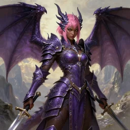 full portrait, solo character!, an alluring dragon hunter, female, intricate purple armor, dragon themed, ornamental, sprouting wings, dark brown skin, short pink hair, swords, battle pose, extremely filled mountains background, boudoir, epic, highly detailed, extremely detailed face, high fantasy, digital painting, by artgerm and greg rutkowski and alphonse mucha, artstation
