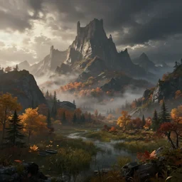 beautiful render of a autumn landscape, unreal engine, dark fantasy style, first light, majestic mountains, swamps, morning mist, dramatic clouds, big castle ruin, soft light, octane render, by greg rutkowski, cgsociety