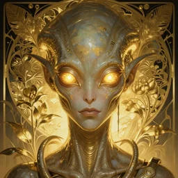 hyper advanced repitilian alien ai, sci fi, glowing eyes, volumetric lights, gold theme, art nouveau botanicals, intricate, highly detailed, digital painting, artstation, concept art, smooth, sharp focus, cinematic, illustration, beautiful face, art by artgerm and greg rutkowski and alphonse mucha