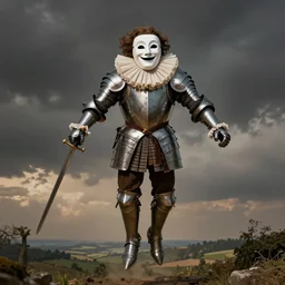 man wearing theater comedy mask flies over a landscape , he is wearing elizabethan boots and ruff, he is wearing plate armor pauldron vambrace and gauntlets, he carries a shortsword in his left hand, dramatic theater lighting
