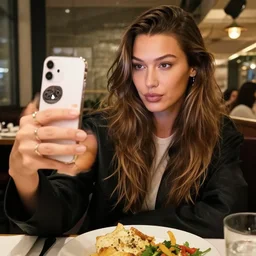 bella hadid taking a selfie with her favorite food, very detailed, photorealistic, dynamic light, iphone 1 3