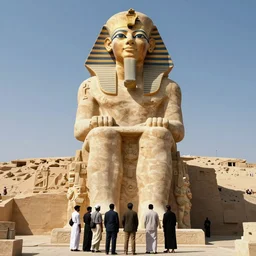 a group of people standing infront of a massive egyptian statue, egyptian art by youssef howayek, pinterest, surrealism, egyptian art, sense of awe, majestic