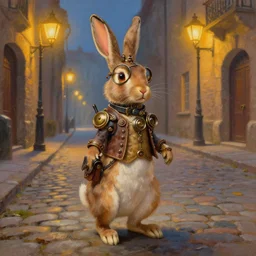 a beautiful painting of a steampunk rabbit standing on his back legs on a street paved with cobblestones and warm streetlights, by James Gurney and Thomas Kinkade and Ralph Horsley