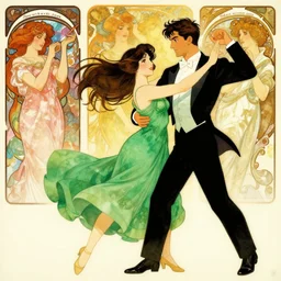 young woman in green dress dancing with tuxedo man, flowing dark hair, beautiful faces, colorful, excelent composition, wide shot, by yoshitaka amano, by ellen jewett, by greg rutkowski, by alphonse mucha by jeremyg lipkinng, by rhads, by ross tran, artstation, octane render
