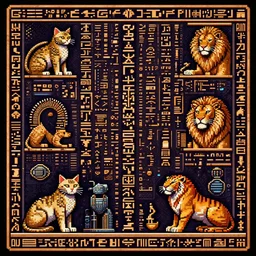 old school video game graphics, ancient cyberpunk hieroglyphics heavy metal music and cats, lions, tigers, futuristic, science fiction, heavy metal