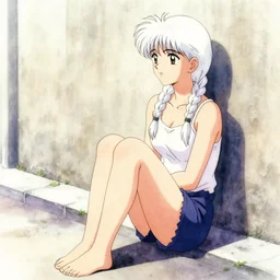 concept, girl sitting on street, against wall, alone, looking left, white braids, singular, akira toriyama, styled, photoshop mid filter, anime, watercolor, full portrait, stylistic lighting