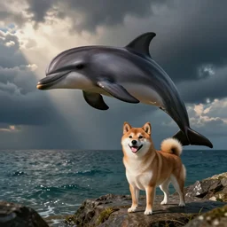 photo, dolphin and shiba dog mix.