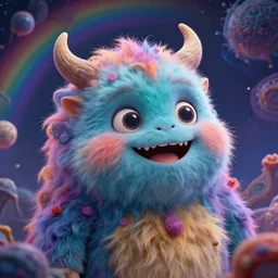 hyperrealistic close-up baroque psychedelic!! celestial organic happy fluffy kind monster!! peaceful kind spirit of nature highly detailed concept art eric zener elson peter cinematic hard rainbow lighting high angle hd 8k sharp shallow depth of field, inspired by Zdzisław Beksiński
