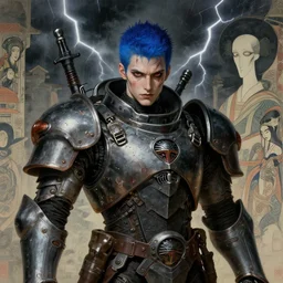 portrait of gothic and futuristic young man, warhammer, cyber armor, a lot of scars, thunderstorm, blue head, red eyes, the middle ages, highly detailed, artstation, in the style of moebius, jugendstil and classic japanese print, art by rene magritte, jean delville