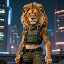 beautiful portrait commission of a female furry anthro lion wearing a bullet proof vest and cargo pants. Cyberpunk city at night in the rain. Neon light. Atmospheric. Character design by charlie bowater, ross tran, artgerm, and makoto shinkai, detailed, inked, western comic book art