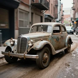 street photography by saul leiter, in a very narrow new york alley, award winning photo of an ultra detailed intricate dirty vintage ford car speeding very fast on mud, fast shutter speed, motion blur, tiny gaussian blur, highly detailed, highly intricate, depth of field, trending on top gear
