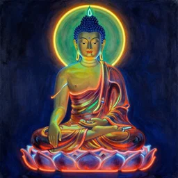 buddhism, neon light, painting by gaston bussiere, greg rutkowski, jean giraud