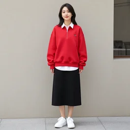 chinese canadian woman wearing a red sweatshirt unzipped with a white shirt under it and black skirt with white sneakers.