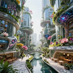 biophilic futuristic scifi suspended colorful city gardens architectural landscape, fluid flowers, porcelain, beautiful morning light, canal bridge paths pedestrian cafes, interior cinematic composition, granite marble, nebula magnolia, glass walls, metallic, grass, exotic trees, modular buildings, vincent callebaut composition, 8 k, unreal engine, hdr