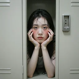 A white-faced librarian cowered between two lockers with wet cheeks and bank eyes in dead storage area