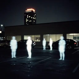 glowing figures and a building seen from a dark parking lot in los angeles at night. 1 9 9 0 urban photography