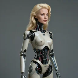 vintage photo of robot with human face, female head, full body angle, woman human face, human face realistic, beautiful blonde hair, human head, human head with blonde hair, blonde hair human head, blonde hair, human realistic face, human head skin, cyborg frame concept, cyborg by ales-kotnik, sci-fi android female, the body is made of wires, robotic body, cyborg body, cyborg bust body, robot body cyborg, full body