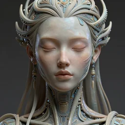 ultra realistic, beautiful cyborg woman eyes closed, metahuman, cyberpunk, sci-fi, magic, fantasy, intricate details, elegant, highly detailed, digital painting, octane render, clay render, artstation, concept art, smooth, sharp focus, eerie, illustration, 8k, HD, art by artgerm and greg rutkowski and alphonse mucha