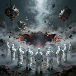 wide - shot photo of a group of scientists in hazmat suits, studying a hell open rift portal, by shaun tan, codachrome, hellish, unsettling, otherworldly, smoke, machines, floating rocks, 8 k, hd, highly detailed,