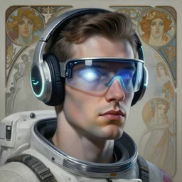 future coder looking on, glowing visor over eyes and sleek neon headphones, neon accents, desaturated headshot portrait painting by donato giancola, dean cornwall, rhads, tom whalen, alex grey, alphonse mucha, astronaut cyberpunk electric fashion photography big nose, stuble