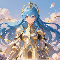 breathtaking detailed anime painting of a knight queen with long flowing blue hair, pastel flowers petals and golden ribbons flying, art by pilyeon and yuumei art, symmetrical facial features, at dawn in front of a pristine golden art nouveau cathedral, elegant, volumetric lighting, highly detailed, artstation, concept art, matte, sharp focus,