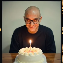wishing a happy birthday to a bald man in his 3 0 s, wearing glasses, birthday cake, candlelight, kodak portra, f 1. 8