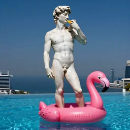 the statue david from michelangelo drinking a huge colorful cocktail, swimming with an inflatable flamingo in an infinity pool in dubai at night