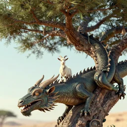 very very small goat, sitting on a gigantic dragon tree in socotra island by ilya kuvshinov, rtx rendering, octane render 1 2 8 k, maya, extreme high intricate details by tom bagshaw, medium shot, close up shot, composition by sana takeda, lighting by greg rutkowski