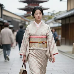 movie still by alejandro jodorowsky of a beautiful day in kyoto japan, a girl wearing a gucci kimono is walking down the street, visible magic energy, costumes, parade floats, cinestill 8 0 0 t eastmancolor technicolor, high quality, very detailed, heavy grain, fine facial features, 8 k, octane render