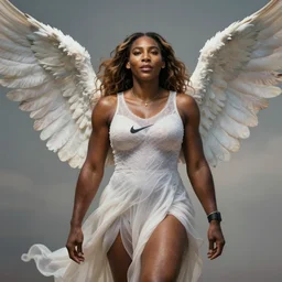 Portrait of Serena Williams as Nike Goddess, large wings, luxuriant, dreamy, eternity, romantic, strong pose, highly detailed, in the style of Franz Xaver Winterhalter, highly detailed, in the style of Aetherpunk