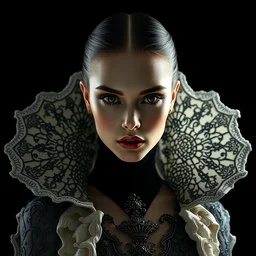 portrait of beautiful female super model, perfect symmetrical pose, sharp, by irakli nadar with intricate detailed wearing victorian dress designed by alexander mcqueen and rocky gathercole, haunting, elite, elegant, ruan jia, dark, hyper detailed, concept art, by gustav klimt, rim and back lighting, sharp focus, black background, intricate, detailed