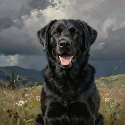 happy black labrador retriever, realistic painting style, concept art