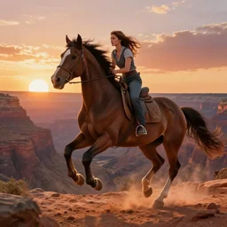 spirit, the brown wild horse with white pastern flexion from the spirit movie, with the girl lucky on his back galloping next to a canyon into the sunset, movie poster, intricate detail, 8 k, trending on artstation, octane render