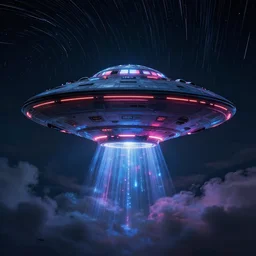 ultra detailed ufo by artstation jaime jasso, dark night, cyberpunk, neon lights, reflections ray, tracingstar trails, dramatic light, fluffy clouds, digital painting, igh detailed, 8 k render, perfect shape, hyperrealistic