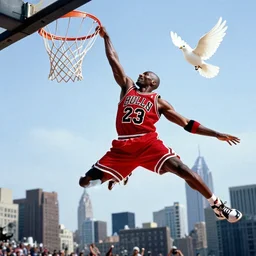 dennis rodman t-posing in the air like jordan. he is flying over the city like a delicate little dove. windmill dunk.