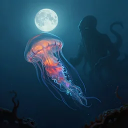 a portuguese man o'war being attacked by a cthulhu in an ocean lit only by the light reflected off the moon, digital painting, artstation, dark, fog