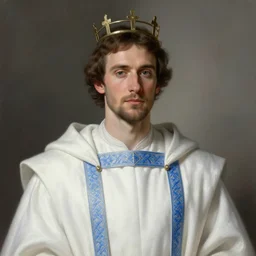colin farrell as a dignified king in white robes with blue details, simple thin crown, digital painting, detailed, highly detailed, smooth, sharp focus, by caravaggio