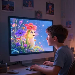 a wholesome illustration of a teenager and a computer monitor with imaginative and trippy elements popping out of the screen, imagination, creativity, magic, computer monitor, photos hanging on the wall  Pixar and Disney animation, sharp, Rendered in Redshift and Unreal Engine 5 by Greg Rutkowski, Bloom, dramatic lighting